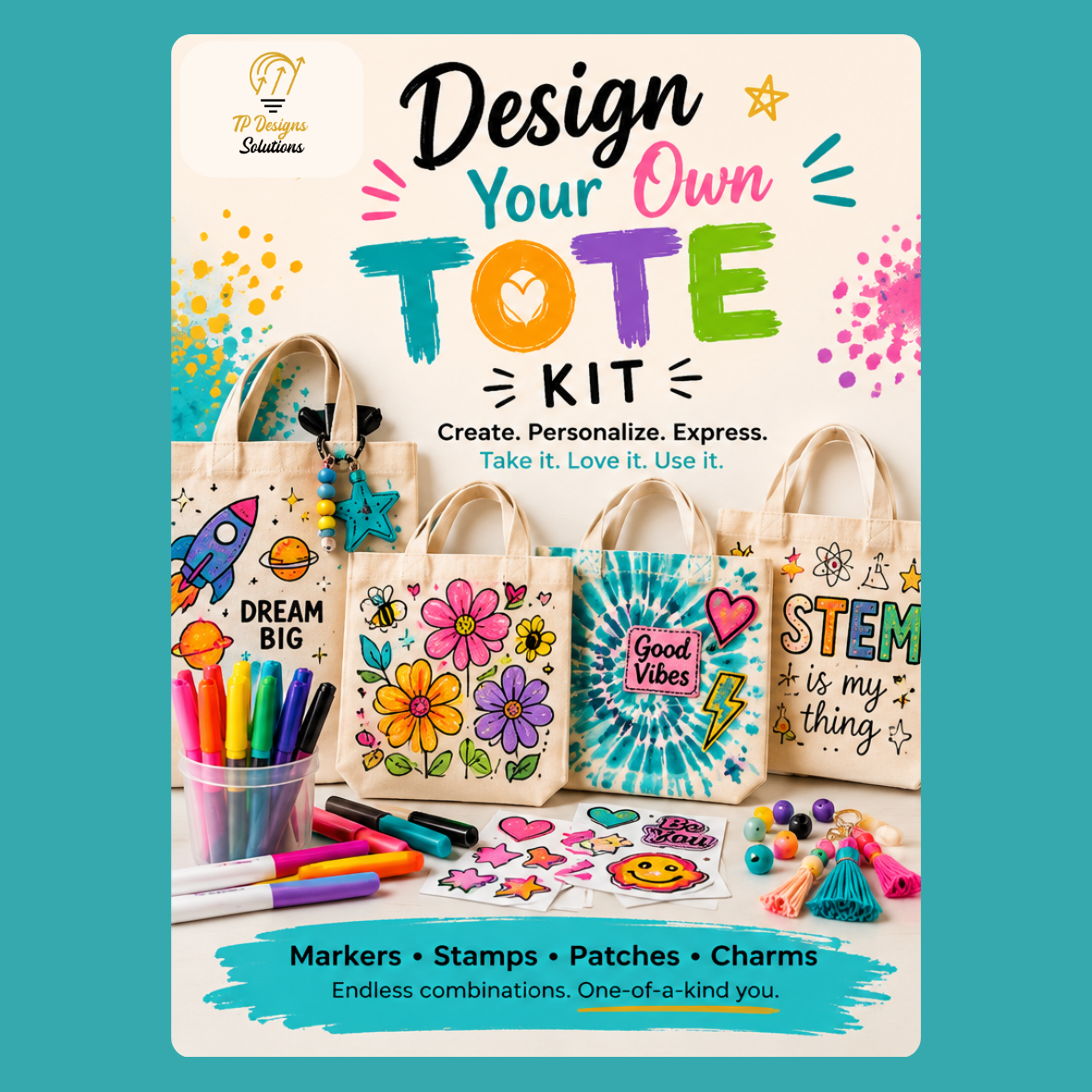 Design-Your-Own Tote Bag Make-and-Take Kit

Color it. Stamp it. Patch it. Charm it. Make it yours!